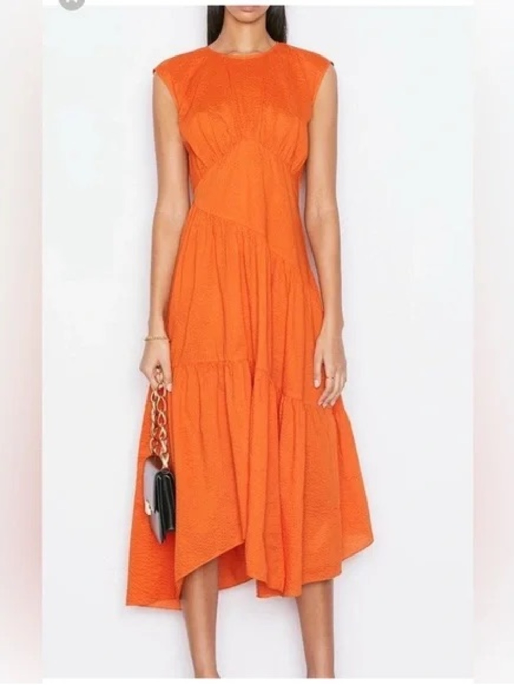 Frame Denim Orange Asymmetrical Gathered Seam Sleeveless Dress